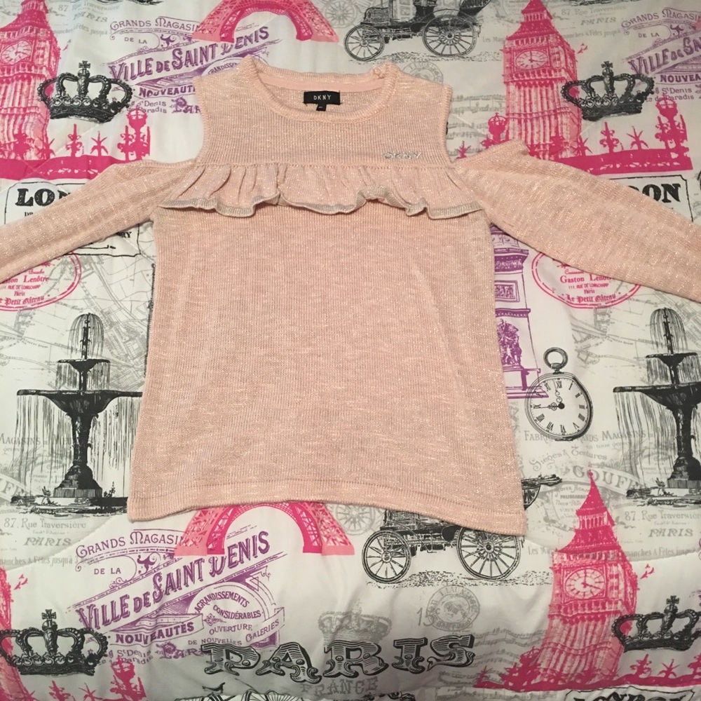 DKNY pink glitter off the shoulder blouse w ruffle